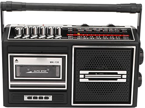 Bärbar Kassettbandspelare, AM/FM-radio Stereo Boombox Inbyggd Högtalare och Mikrofon, Retrobandkassettbandspelare med Hörlursuttag, USB & SD In, Drivs Av AC eller Batteri(Silver)