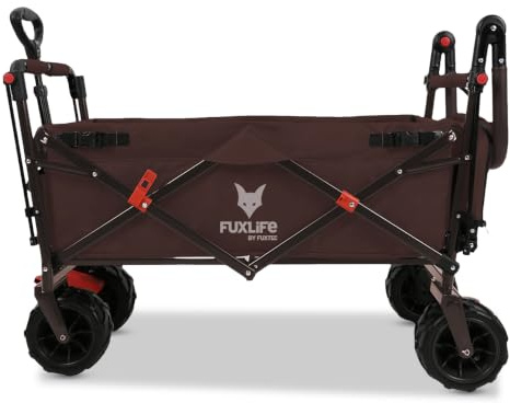 FUXLIFE Strand-Bollerwagen FX-CTB800 Braun • Faltbarer Tansportwagen für Strand & Freizeit • Gepolsterter Innenraum • Sonnendach • Offroad-Räder für Sand & Gelände • Stabil & klappbar