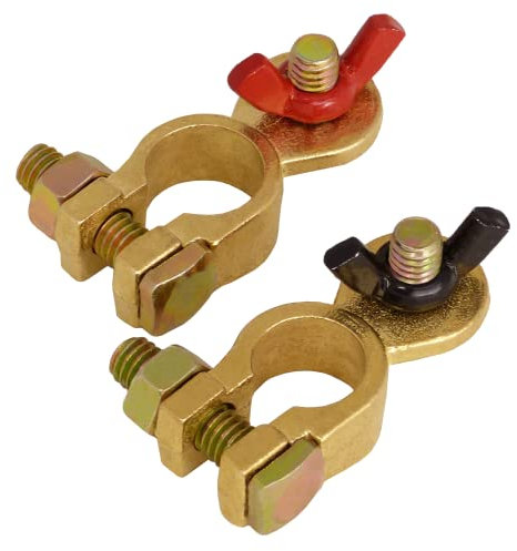 A0066-7-1 - Set di morsetti per batteria in ottone, 12 V, 24 V, morsetti per batteria per auto + Plus – Minus, terminale per auto, camion, campeggio, energia solare con dadi ad alette