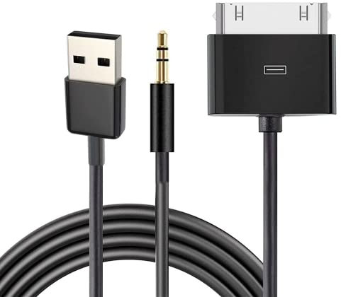 30 Pin to AUX USB, 30 Pin Charger Dock to 3.5mm Car AUX Audio USB Charger Cable Data Sync Transfer & Charging for Phone 3G 4G Pod Touch (Black)