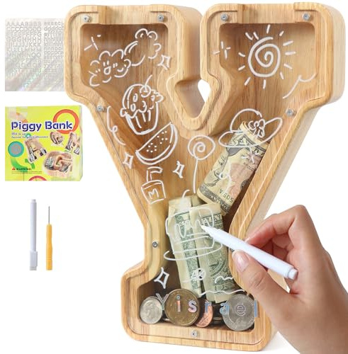 weallbuy Large Letter Piggy Bank for Kids Boys Girls Wooden Personalized Piggy Banks A-Z with Target Area Clear Alphabet Banknote Coin Banks for Gift Decoration Baptism (Y)