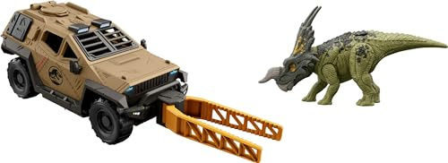Mattel Jurassic World Truck & Einiosaurus Dinosaur Action Figure Toy Set con Flip & Roll Feature, Mission Mayhem Vehicle