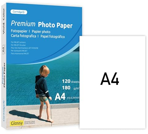 Cartridgeify 120 Blatt Hochglänzend Fotopapier DIN A4, 180 g/m², für Canon HP Epson Brother Tintenstrahldrucker