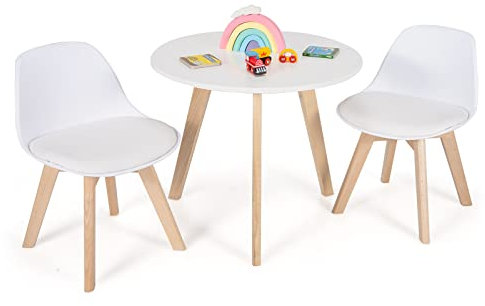 COSTWAY Kindertisch mit 2 Stühlen, 3 TLG. Kindersitzgruppe mit runden Tisch & 2 gepolsterten Stühlen, Aktivitättisch Spieltisch Set aus Buchenholz zum Zeichen, Essen für Kleinkinder von 3-8 Jahren