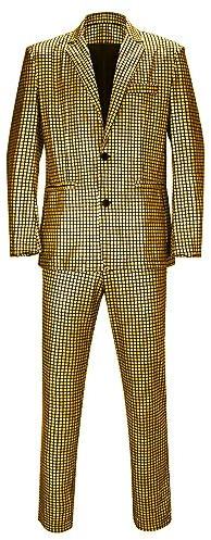Men’s 2 Pieces Disco Costume Jacket Pants Outfit Set Adult 70s Shiny Metallic Sequin Halloween Cosplay Party Suit, Gold, XL
