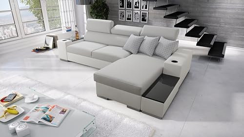 IM SOFA Ecksofa in L-Form mit Schlaffunktion und Stauraum Eckcouch PERS I MINI (Hellgrau Luxo + Weißes Kunstleder, Links)