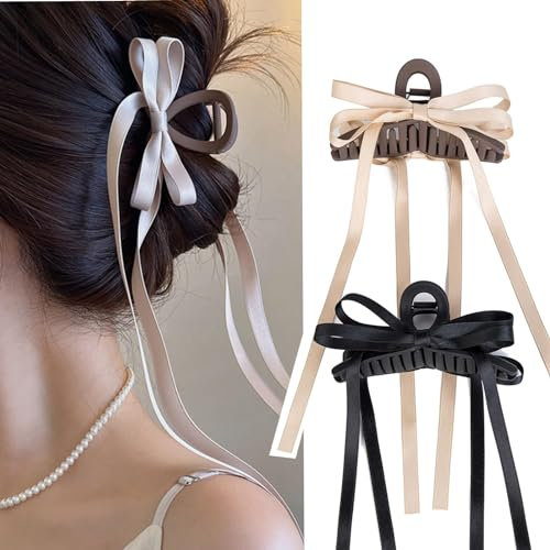 WEIPUER 2 Stück Schleifen Haarspangen mit langem Schwanz, 8 cm lange Quastenband Haarklammern, Damen Haarspange für Mädchen, große Haarspangen für langes Haar (Braun und Schwarz)