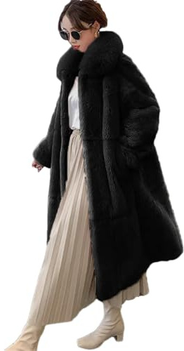 Wvapzxx Große Pelzkragen Faux Pelz Mantel Frauen Winter Revers Lange Plüsch Mantel Dropped Ärmel Flauschige Jacke Mäntel