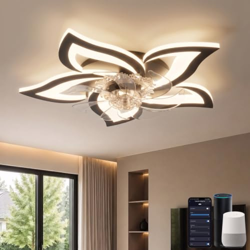 YUNLONG Deckenventilator mit Beleuchtung Kompatibel mit Alexa und Google Assistant, Deckenlampe mit Ventilator Leise, Sommer Winter Betrieb DC Motor, Dimmbar, für Schlafzimmer, Schwarz
