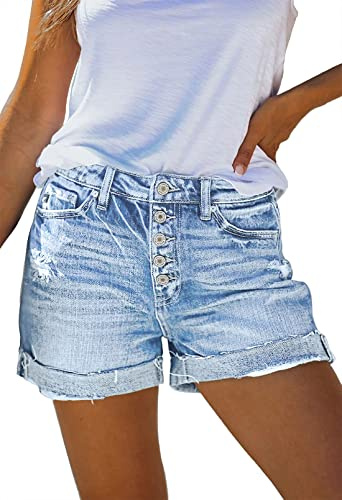 Pink Queen Womens High Waist Jean Shorts Retro Summer Beach Button Fly Cuffed Hot Shorts Juniors Active Distressed Ripped Denim Shorts with Pocktes Light Blue S