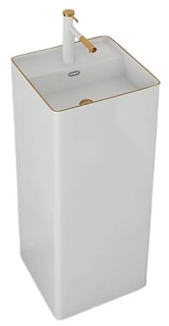 Fregadero de pedestal Fregadero de tocador de pie con orificio de desbordamiento, lavabo de pedestal de baño de cerámica de una pieza, lavabo de columna cuadrada moderno con kit de drenaje y grifo Fre