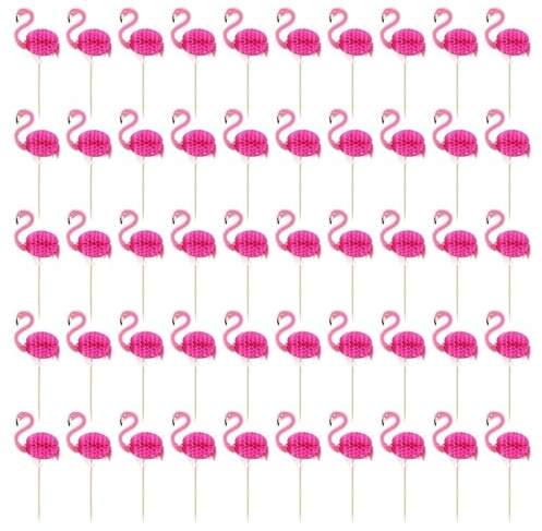 50 Stück Flamingo-Fruchtspieße, Cupcake-Dekorationsspieße, Hawaiianische Themen-Obstspieße, Obstteller, Kuchendekoration, Party-Kunst-Obstspieße