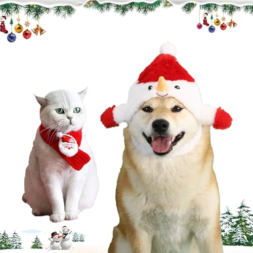 Lyneun 2PC Hund Weihnachtsmütze und Schal, Weihnachtshundekostüme Haustier, Einstellbar Weihnachtsmütze Weihnachtshundeschal für Kleine Mittlere und Große Hunde(Rot)