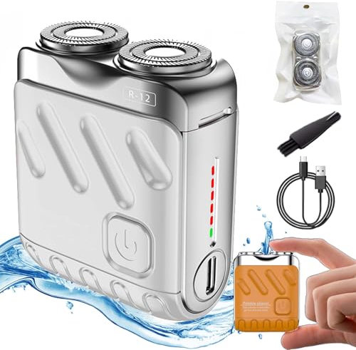 Afeitadora de barba Traveler Mini y portátil con diseño de maleta magnética de doble anillo, afeitadora eléctrica para hombres, Ipx7 impermeable, afeitado húmedo y seco, rotativa inalámbrica (plata)