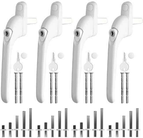 Kamtop 4 Pcs Window Handle for uPVC Windows, Universal Espag Handles with Key, Aluminum Lockable Window Handle Inline Locking with 10, 15, 30, 43, 55mm Spindle