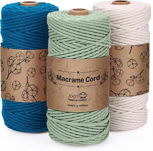 Vautvis 3 Filo Macrame 3MM, Corda Macramè 300g/100 M, Cordino Uncinetto, Corda Pettinata per Macrame, Filato Macrame Per Appendere La Parete, Fai Da Te, Artigianato, Decorazioni Boho (B)
