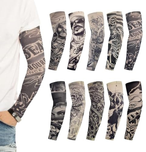10Pcs Sleeve Tattoo Temporary For Men Women, Fake Tattoo Sleeves Cover,Temporary Nylon Arm Sleeve Fake Tattoos Anchor,Seamless Soft Sunscreen Sleeves Adult For Stockings Fancy Dress Punk Accessories