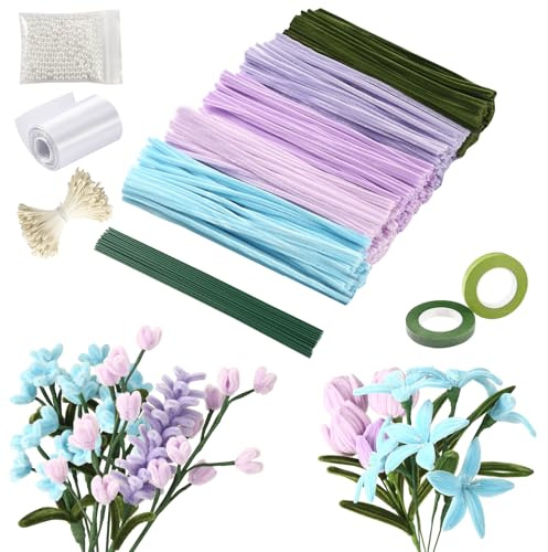 500 Stück Pfeifenreiniger Blumenstrauß Set, Pfeifenputzer zum Basteln 5 Farben Pipe Cleaner mit 30 Stück Grünem Bastelfaden,für DIY-Blumensträuße Blumenstrauß Kreativset Handwerk Dekorieren