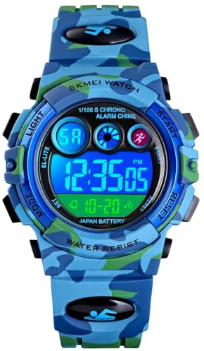 Alienwork Seven-color LED Orologio Digitale Bambini Ragazzi Ragazze Blu camouflage Calendario Data-Mese Nero Cronografo Sport Multi-funzione