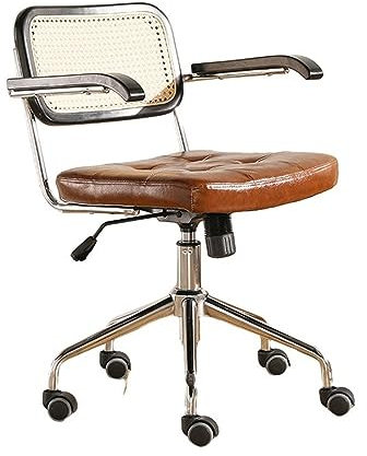 Moderner Schreibtischstuhl aus Leder mit Rattan-Rückenlehne, höhenverstellbar, Drehsessel für Zuhause, Büro, Schlafzimmer, Wohnzimmer, Braun, 64 x 47 x 76 cm