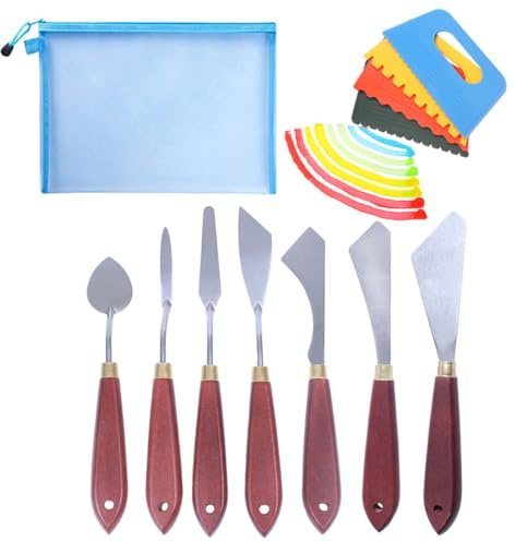 Artist Palette Knife Set 12Pcs Scrapers Stainless Steel Painting Tools with Wooden Handles for Craft Blending, Includes 4 Palette Scrapers & Storage Pouch 7 Shape Variety Art Creation Kit