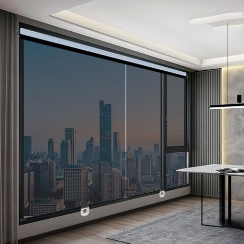 One-Way Privacy Window Shade Spring Roller Blinds with 48 Widths & Custom Size, No Drill Adhesive for Glass Doors/Windows, Heat Blocking PET Material for Home Office Nursery 12-59W x59/79(Black,50W x