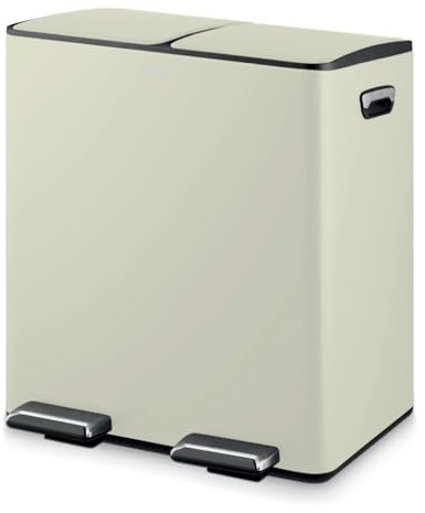 Tower T838022C Pattumiera a pedale per riciclaggio con due scomparti da 20 l, corpo in acciaio al carbonio, due secchi interni, 40 l, crema