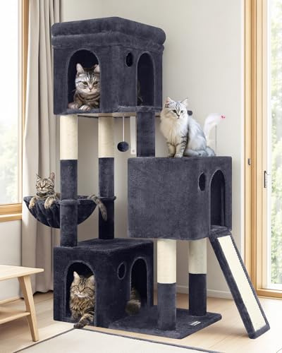 Globlazer F52B Kratzbaum mit 3 Katzenhaus 40*33 CM Sisalrampe für 3 Katzen | Katzenbaum Stabil mit Mehrere Loungebereich Kratzbrett Leicht zu Erklimmen Aktivitätskratzbäume für Große Katzen Kätzchen