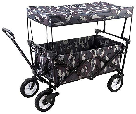 Foldable Garden Cart with Canopy & Rain Cover 80kg Capacity Utility Trolley Outdoor Push Bar Cart for Shopping Gardening and Recreation