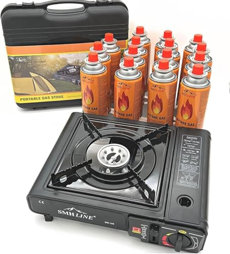 SMHLINE Campingkök, gasspis, set inkl. 12 x gaspatroner, 227 g, butan gas, camping, spis, utomhus, bordsgrill, 1 lampa, piezotändning, bärväska