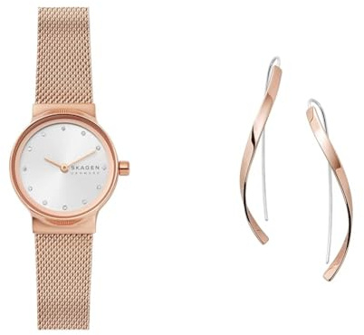 Skagen Damen Freja Lille Roségoldfarbene Edelstahl Uhr und Kariana Ohrringe, Set