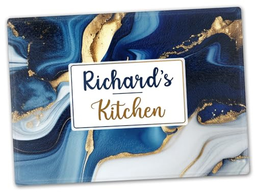 Personalised Glass Chopping Board, Deep Blue and Gold Marble Design, Cutting Board, Kitchen Worktop Saver 40cm x 30cm, Wedding, Anniversary, Housewarming, New Home, Birthday, Gift for Chefs or Cook