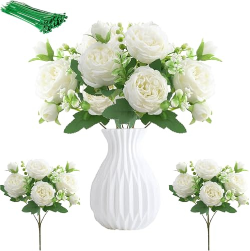 ZenyTra 2 Sträuße Künstliche Weiße Rosen - Handstrauß mit 5 Blüten & 4 Knospen pro Strauß, 30 cm Lange Kunstblumen für Hochzeitsdeko & Tischdekoration inkl，10 Kabelbinder Vase Hochzeit Braut