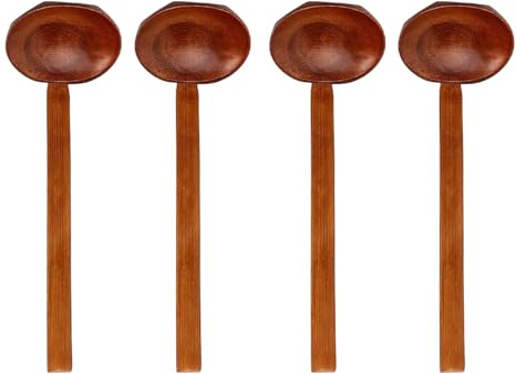 Gurtt Juego de 4 cucharas de madera natural hechas a mano, con mango largo, para papillas, sopa, ramen y olla caliente