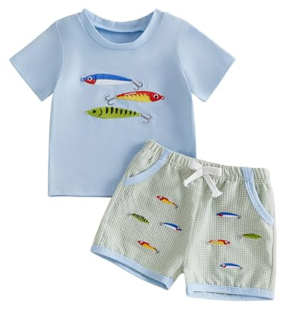 Bagilaanoe Toddler Summer Clothes Baby Boy Short Sleeve T-Shirt and Shorts Daddy’s Fishing Buddy Outfit 2PCS Set (Sky Blue, 0-6 Months)