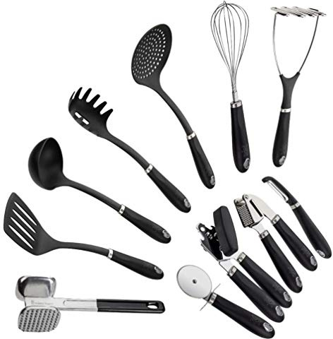 Stanley Rogers Küchenhelfer-Set, Kochbesteck und Küchenwerkzeuge mit ergonomischem Premium-Softtouchgriff, hochwertiges Kochutensilien-Set (Farbe: Silber/Schwarz), Menge: 1 x 11er Set