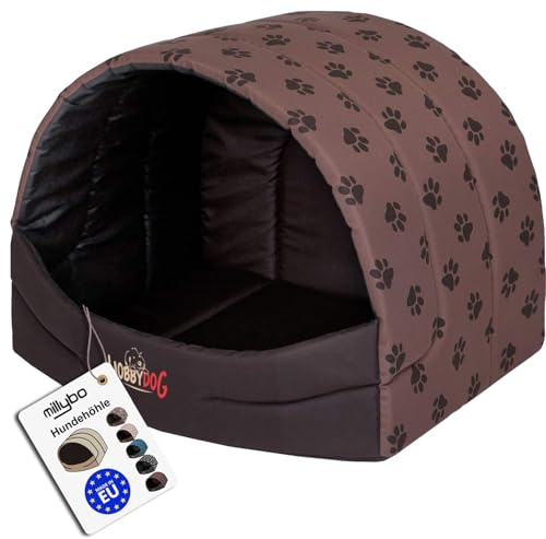 millybo Hundehütte Hundehöhle Hundebett Hundehaus S-XL (R1 (45 x 33 cm), Hellbraun mit Muster (Pfötchen))