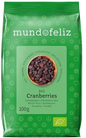 Mundo Feliz - Arándanos rojos ecológicos deshidratados, 5 bolsas de 100 g