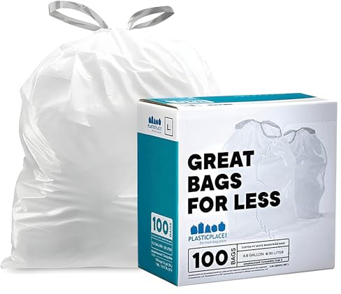 Plasticplace Custom Fit Trash Bags, Compatible with Simplehuman Code L (100 Count) White Drawstring Garbage Liners 4.8 Gallon / 18 Liters, 16.75 x 24.5
