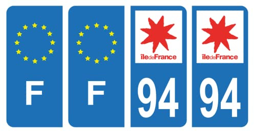 HADEXIA Nummernschild-Aufkleber, französisches Departement 94, Val-de-Marne, Region Ile-de-France & F Frankreich, 4 Stück