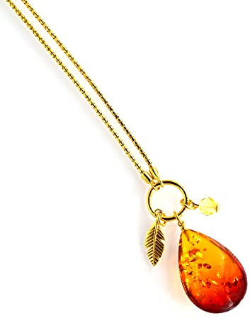 MyBer® Bernstein Pendant Anhänger auf vergoldeter Kette mit max. Länge 80cm - regulierbar Schmuck Damen Silber 925er vergoldet