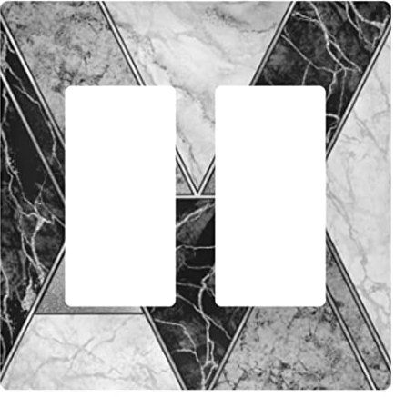 Silver White Lines Marble Granite Agate Black Grey Paint Triangle Tile 3 Triple Gangs Rocker Print Toggle Wall Plate, Switch Plate Cover for Living Room Bedroom Bathroom Office and School