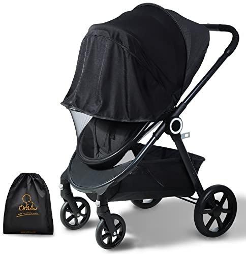 Orzbow Baby Mosquito Net with Sun Shade UPF50+ for Stroller, Universal Stroller Mosquito Netting Privacy Cover with Two-Way Zipper and Storage Bag for Car Seats, Bassinets, Cradles, Mini Cribs, Black
