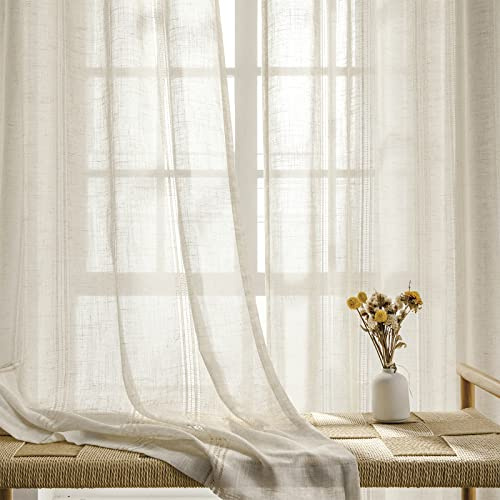 Maison Colette Natural Linen Sheer Curtain 95 inches Length, Rod Pocket Hollow Stripe Transparent Voile Window Drapes for Bedroom/Living Room, 2 Panels,52 Width