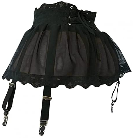 ROSVAJFY Minifalda Cintura Alta Malla Sexy Mujer con Liguero y Tanga,Liga Tirantes Transparentes 4 Clips Medias,Vestido Corto Babydoll Volantes,lencería Braguitas Cordones Microfalda 2 Piezas (Negro)