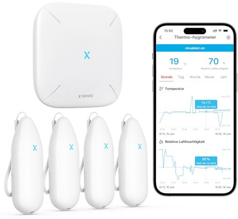 X-Sense WLAN Hygrometer Thermometer Innen, Temperatur- und Luftfeuchtigkeitsüberwachung per App, 500m Reichweite, Kostenfreier Datenexport, kompatibel mit Alexa, 4 Sensoren und 1 Basisstation SBS50