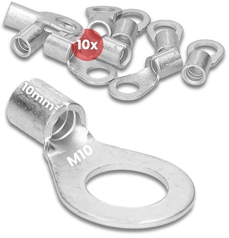 Kalitec 10x Quetschkabelschuh 10mm² M10 Ringkabelschuh Unisoliert DIN 46234 | 10 Stück Quetschverbinder Set, Elektrolyt-Kupfer blank für Dornpressung, ideal für fein- und feinstdrähtige Leiter