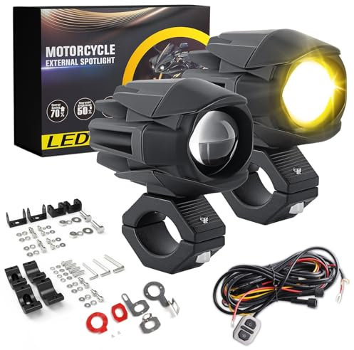 BraveWAY 60W 18000LM Feux Additionnels Moto Phare Améliorée LED Auxiliaire Antibrouillard Blanc Ambre Étanche 9 Modes Stroboscopiques Kit de Faisceau de Câblage Plug and Play et 2 Supports de Montage