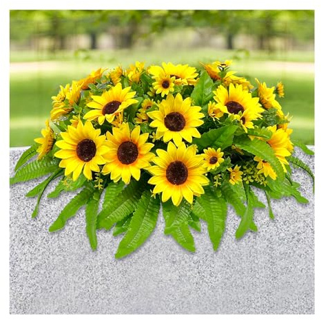 GRPFS Headstone Flower Saddles Silk Realistic Yellow Grave Flowers for Cemetery Sunflower Outdoor Sympathy Memorial Day Flowers Arrangement