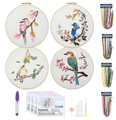 Goiern 4 Sets Stickerei Kreuzstich Set,Handmade Embroidery Starter Kit,Anfänger Stickerei Set, Stick Starter Kit mit Stickrahmen, Stickgarn, Nadel(Kolibri und Blume)
